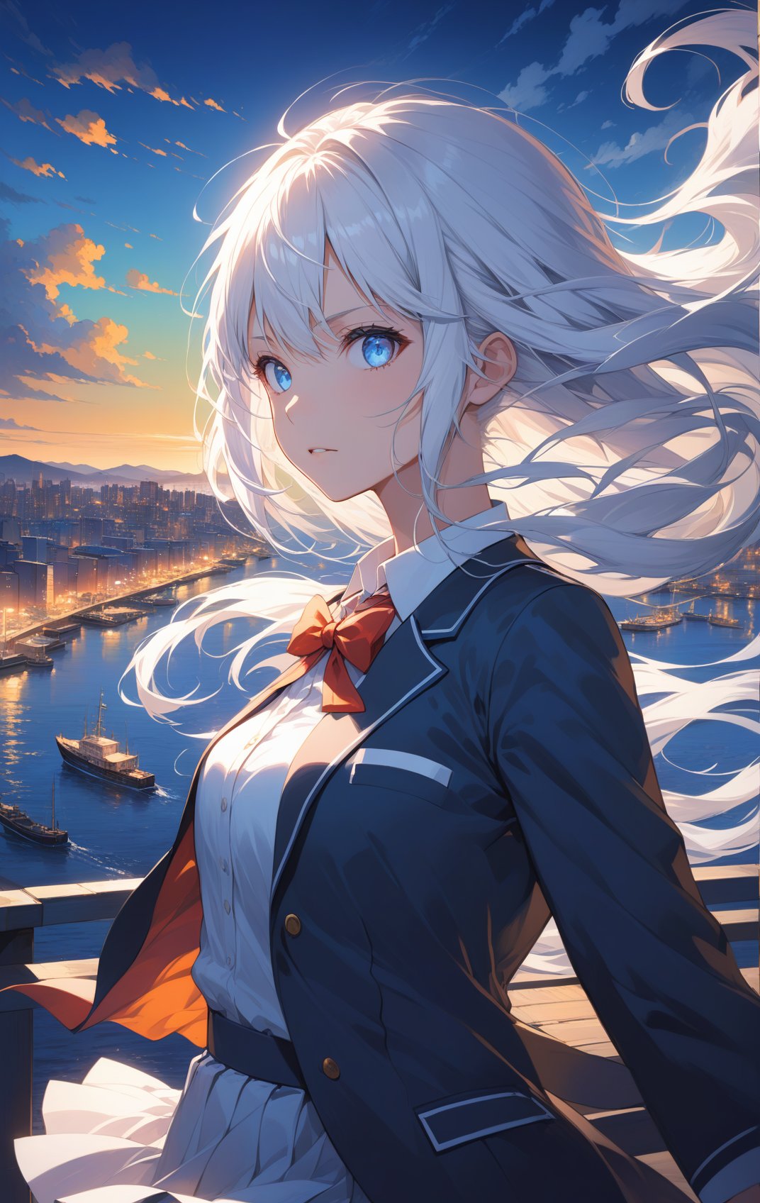 masterpiece, best quality,(1girl), long straight white hair, blue eyes, detailed face, schoolgirl uniform, detailed clothing, combat pose, gust of wind, vivid colors, highest resolution, wallpaper, professional illustration,  intricate, highly detailed, landscape, dramatic lighting, cityscape view from harbor, intense light, highres, 4k, 8k, intricate detail, cinematic lighting, amazing quality, wallpaper <lora:aesthetic_anime_v1s:1.2>
