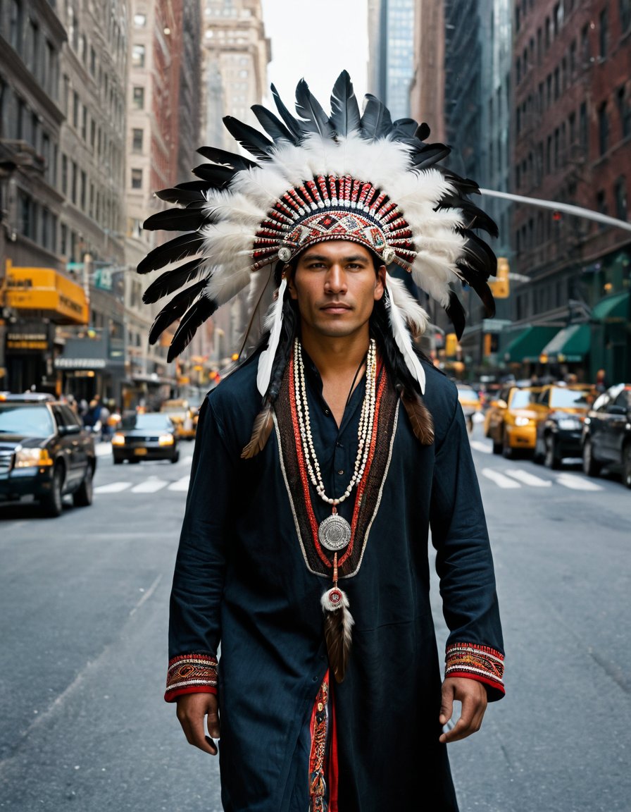 Leica Hasselblad portrait, hyper-detailed Photography, a Native American man walks proudly confidently in traditional clothing with an Indian feather hat on his head a wolf accompanies him in the streets of New York in the middle of the buildings in the middle of the road