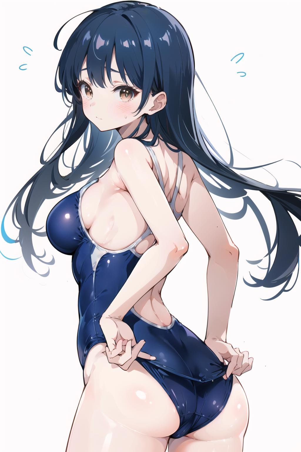 (masterpiece:1.2),best quality,PIXIV,Anna yamada,1girl,swimsuit,solo,ass,school swimsuit,one-piece swimsuit,breasts,white background,long hair,simple background,brown eyes,blush,looking at viewer,adjusting swimsuit,flying sweatdrops,medium breasts,blue one-piece swimsuit,adjusting clothes,cowboy shot,bangs,blue hair,competition school swimsuit,looking back,from behind,black hair,blunt bangs,embarrassed,standing,back,closed mouth,bare shoulders,<lora:Anna yamada-000016:0.8>,