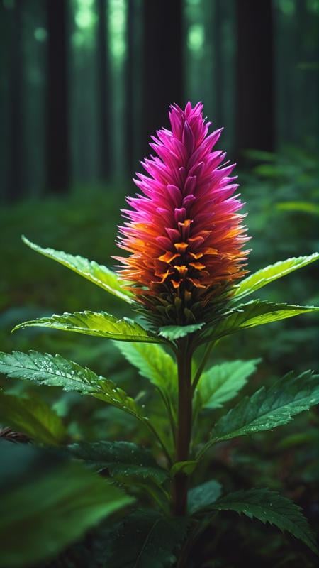RAW photo, Macro, magic flower in forest, Concept art, detailed fur, masterpiece, aesthetic, depth of field, noir, high contrast, colorful, poster, hyper detailed, cinematic lighting, soft shadows, sharp focus, best quality, ISO 100, 16K resolution.