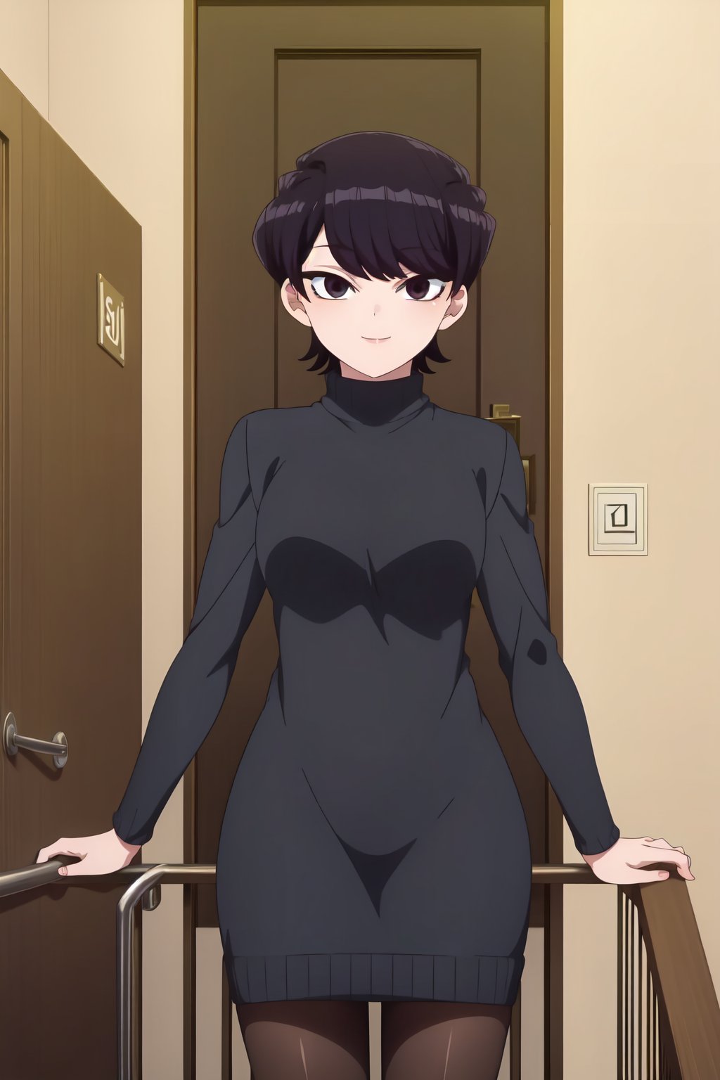 Shuuko Komi, 4k, absurd, high resolution, ultra high resolution, high definition, masterpiece, ilustration, 2d, anime style, 1girl, solo, looking at viewer, short hair, black hair, long sleeves, dress, closed mouth, pantyhose, black eyes, sweater, turtleneck, door, railing, smile<lora:EMS-462567-EMS:0.800000>