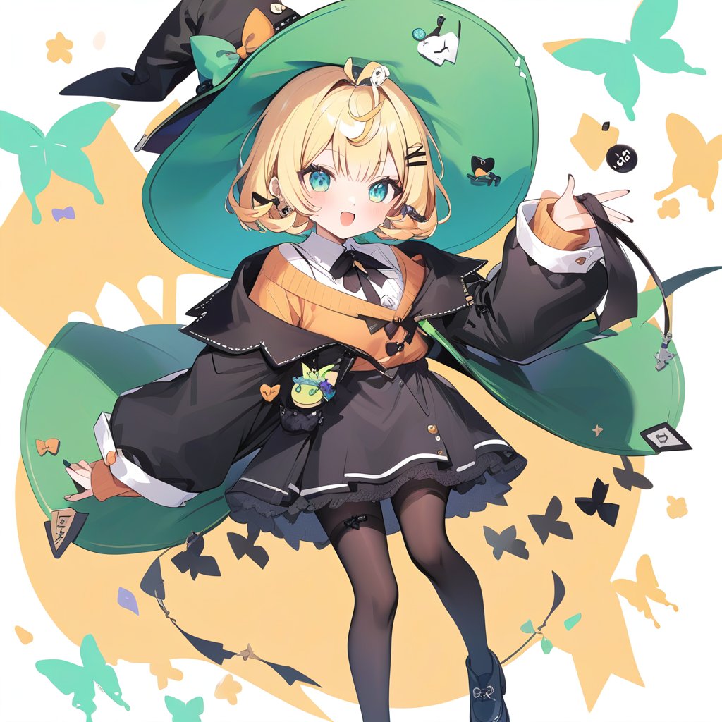 millie_parfait, blond hair, short hair, hairpin, big witch hat, green hats lining, black jacket, orange sweater, black skirt, black pantyhose, black footwear, orange bow<lora:EMS-390871-EMS:0.500000>