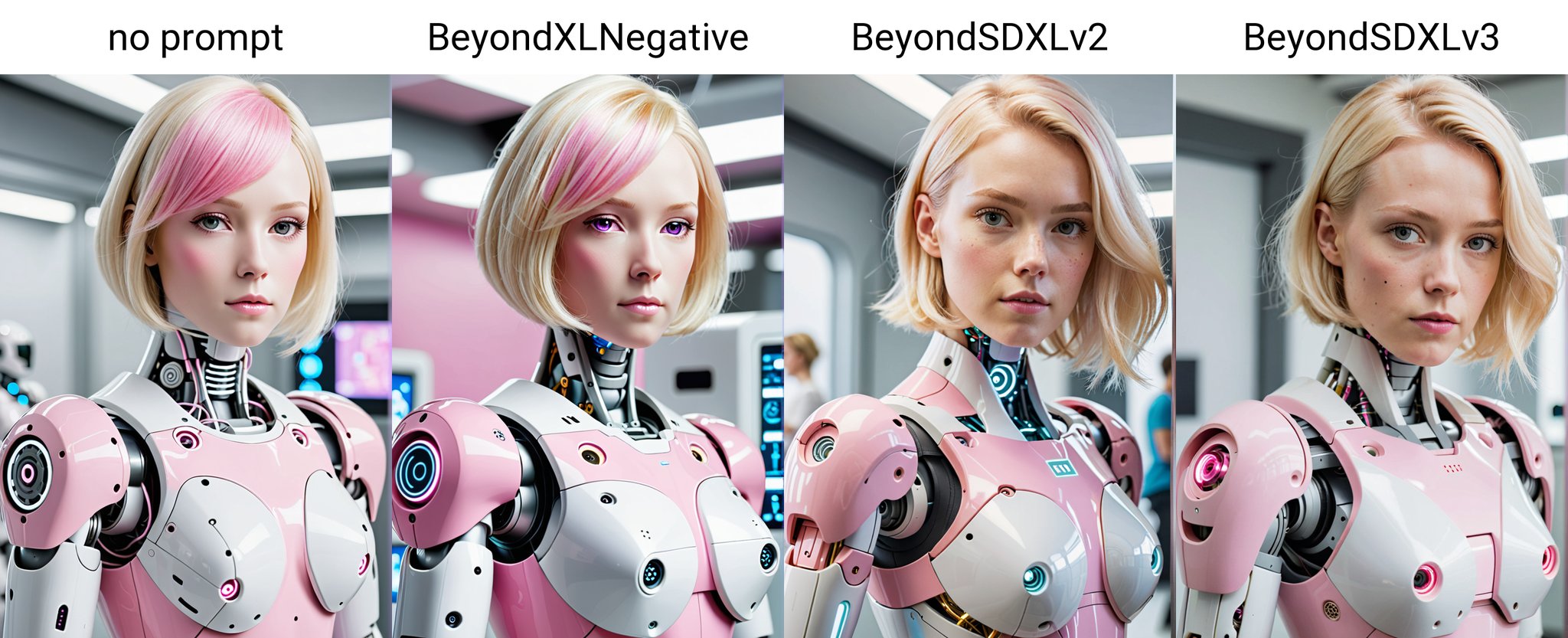 a women robot, pink and white, blond hair, lab