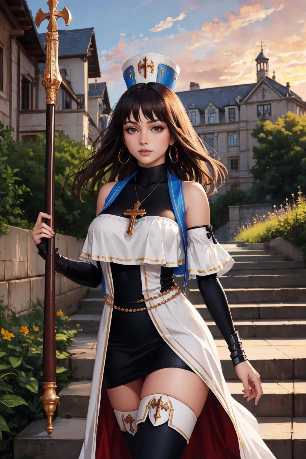 masterpiece, best quality, <lora:dnfcrusader-nvwls-v1-000010:0.9> dnfCrusader, hat, cross necklace, cross earrings, black dress, detached sleeves, large breasts, cowboy shot, white thighhighs, stairs, walking, outdoors, sunset, holding staff, cross staff