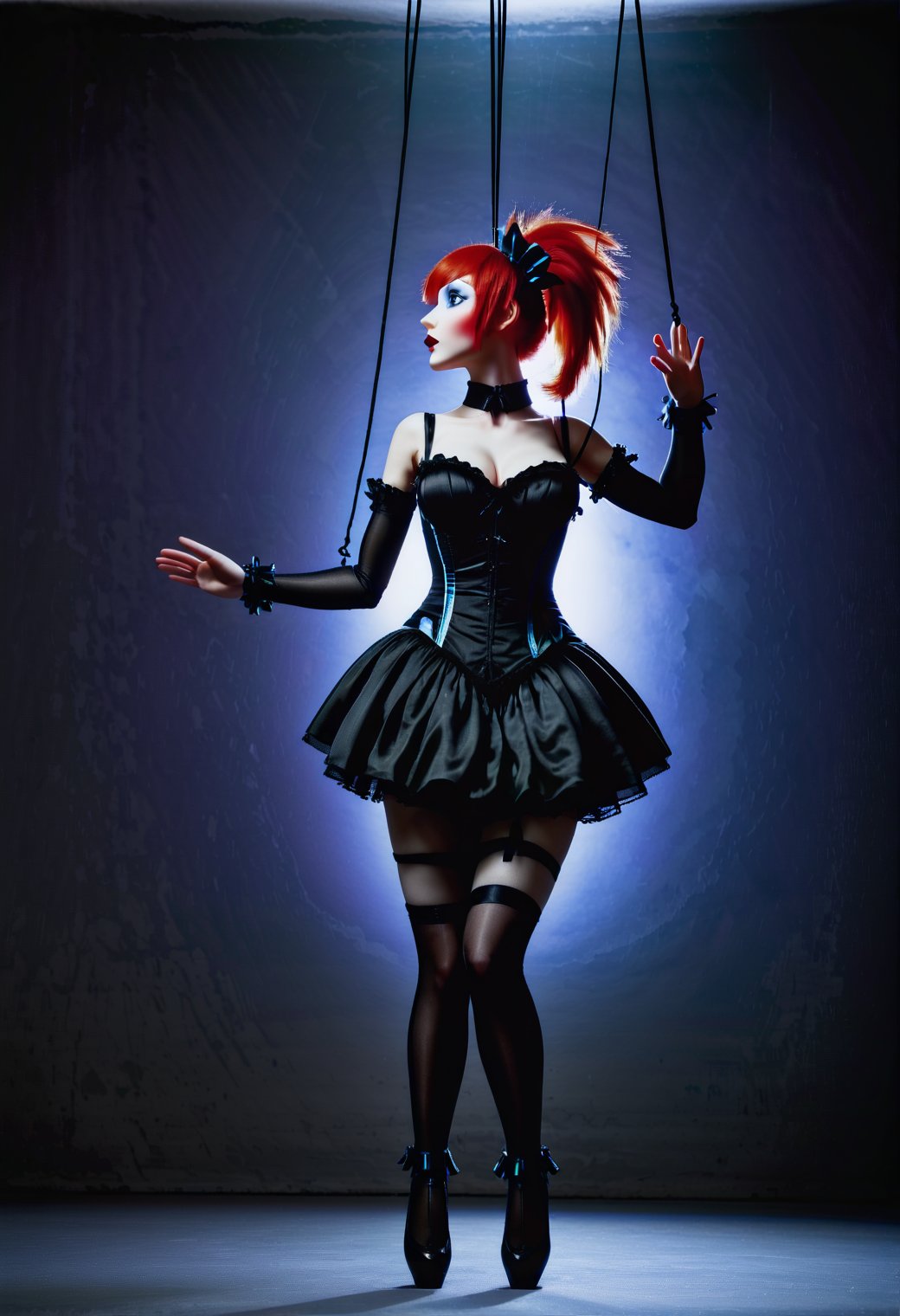 marionetka, a puppet with red hair and a black corset, is suspended by 