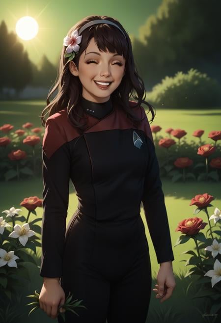 score_9,score_7_up,solo,,hairband , brown hair,long hair,bangs,in a garden,flower in hair,green grass,sun,happy,pcdst,Star trek uniform,red redshoulders,black jumpsuit,<lora:PicardPony-000050>