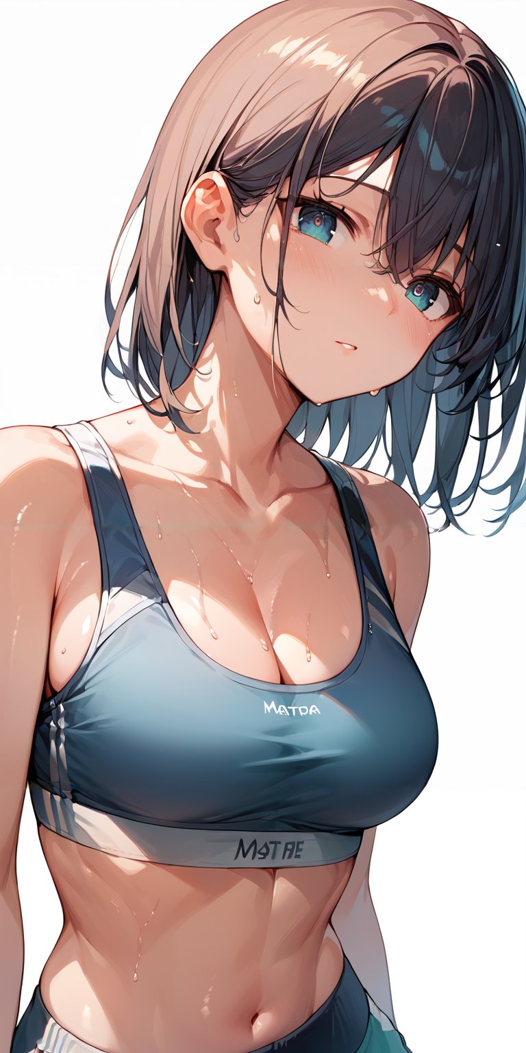 score_9, score_8_up, score_7_up,source_anime, high res image,masterpiece,best quality,girl,cute face,clear skin,shiny hair,ultra detailed eyes,simple background, <lora:sweat_pony_V1.0:1> sweat,sports bra