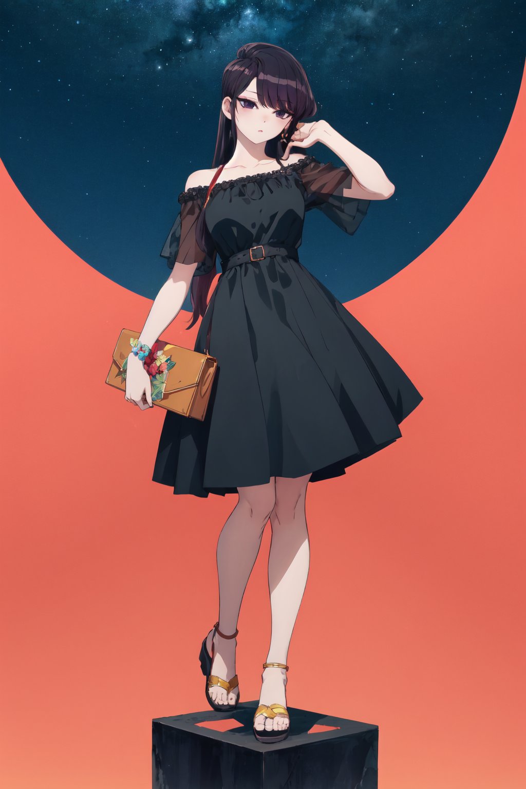 <lora:Shouko-000010:0.8>,Shouko CYQL,1girl,solo,looking at viewer,long hair,black hair,black eyes,(Minimalist_black_dress:1.5),(Sculptural_heeled_sandals:1.4),(Statement_clutch:1.3),(Art_museum_background:1.4),bored,bust,Pet-friendly seating, Cat climbing posts, Dog bowls, Animal-themed decor, Menu board,(Japanese irises, Iris pond, Stone lanterns, Water reflections, Summer blooms, Japanese elegance:0.5),beautiful detailed sky,beautiful detailed glow,posing in front of a colorful and dynamic background,masterpiece,best quality,beautiful and aesthetic,contrapposto,female focus,wallpaper,