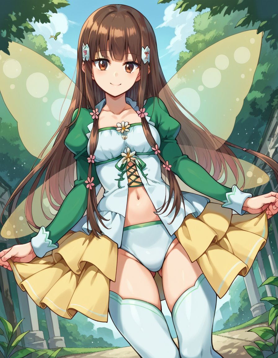 score_9, score_8_up, score_7_up, source_anime,koborii, <lora:koborii-ponyxl-lora-nochekaiser:1>koborii, brown eyes, brown hair, long hair, hair flower, hair ornament, sidelocks,fairy wings, juliet sleeves, long sleeves, navel, puffy sleeves, thighhighs, white thighhighs, wings,outdoors, amusement park, smile,looking at viewer, dutch angle, cowboy shot