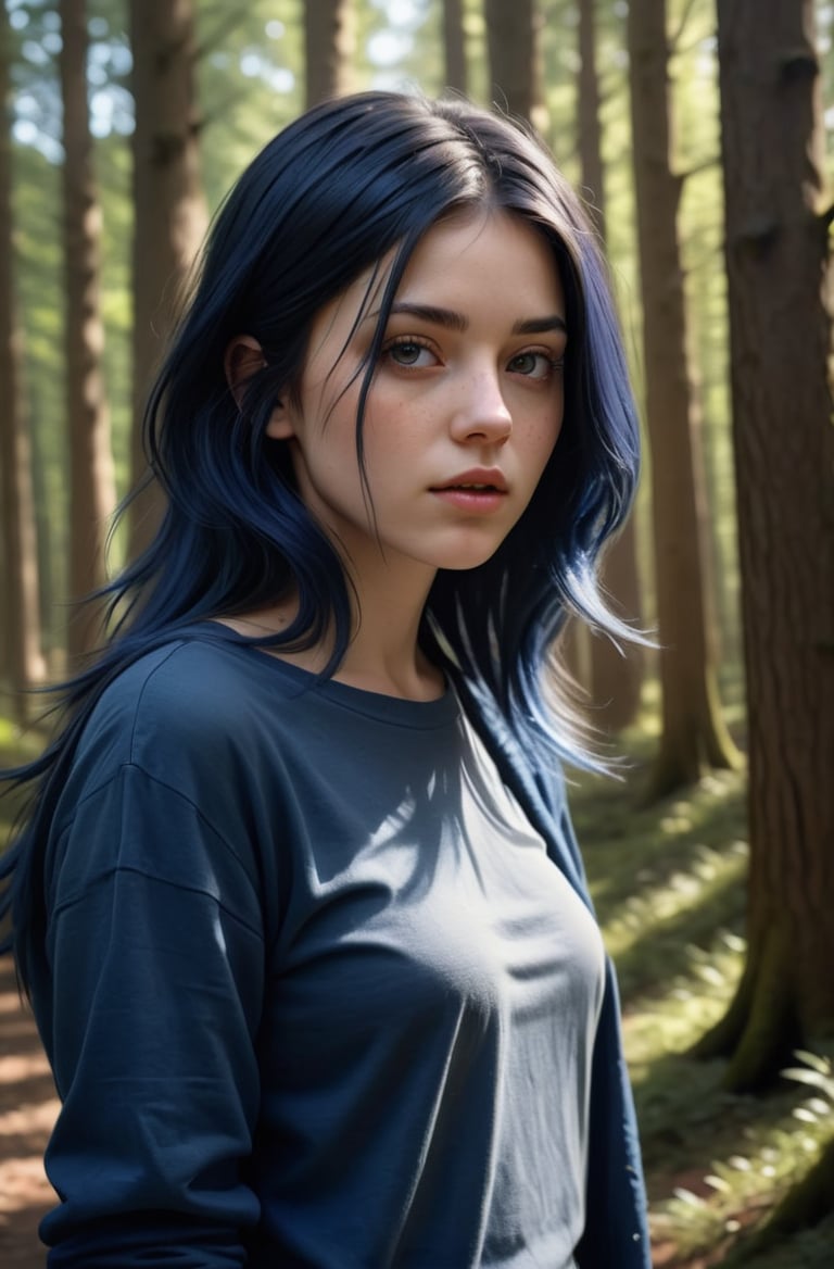 masterpiece of photorealism, photorealistic highly detailed 8k photography, best hyperrealistic quality, volumetric lighting and shadows, layered hair dark blue hair young woman in casual clothes, Enchanted Forest Clearings full of busy people, Canted or Dutch Angle Shot