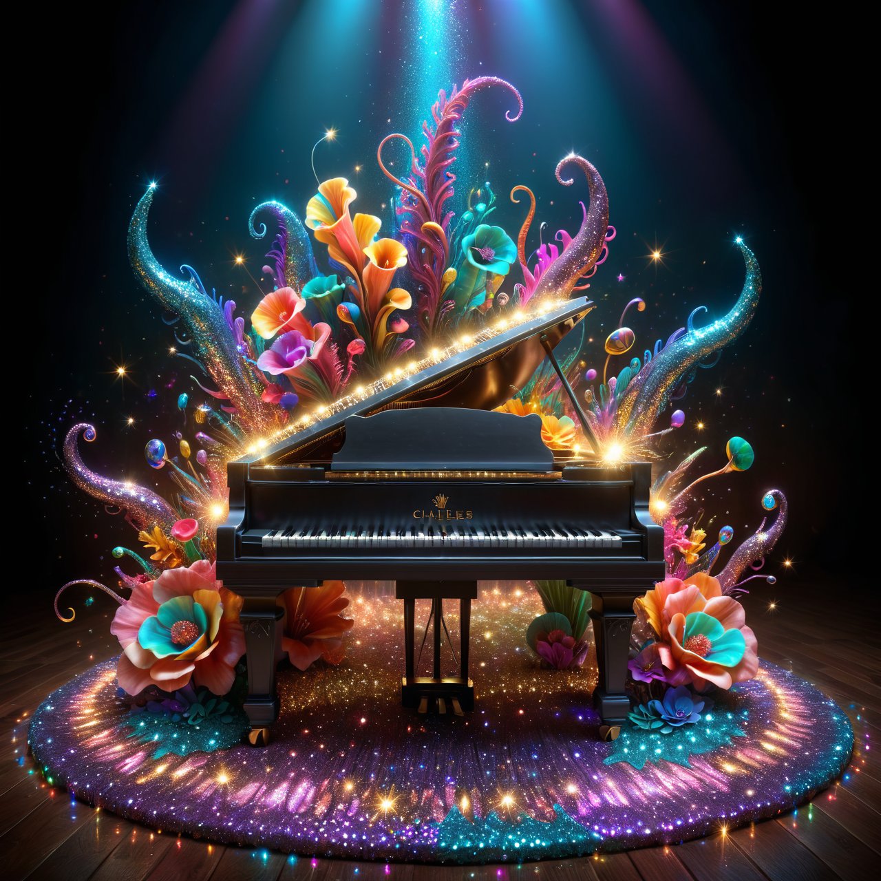 (masterpiece, best quality:1.3), 8k resolution, digital illustration, 3d, original, ultra-detailed portrait, cowboy shot, no humans:1.3), hyperrealistic, soothing tones, muted colors, photoreal, disco, funky, psychedelic, colorful, a world of music, oversized piano on floor, (fantasy:1.3), musical, glowing, night, vivid, intricate details, bloom, dark, volumetric, perfect composition,volumetric lighting, soft lighting,coralinefilm,more detail XL,glitter,madgod<lora:EMS-61413-EMS:0.300000>, <lora:EMS-259599-EMS:0.600000>, <lora:EMS-270055-EMS:0.300000>