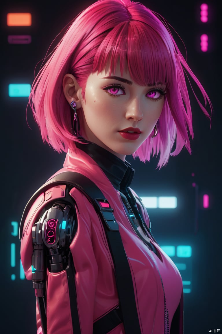 Anime Artwork Lucy (Cyberpunk),  Pink Short Hair,  Pink Eyes,  Red Lips,  Front,  Full Body,  Tights,  Punk Stud Earrings,  Bossy,  Brave,  Key Visual,  Vibrant,  High Detailed,  Illustration,  Short Straight Hair,  Futurism,  NFT Art,  Solid Color Background,  Robotic Arm,  Cartoon Coloring,  Tyndal Effect. Non-Realistic Rendering Transparency,  Color Tilt,  Animation,  Blender Geometry Art,  Intrlligence 4k Image,  Epic,  Cinematic Effects,  Neon Cold Pounding,  Octane Rendering,  OC,  8k