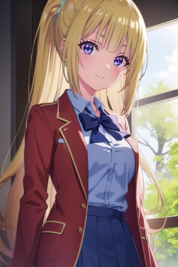 keikaruizawa, <lora:kei karuizawa s2-lora-nochekaiser:1>, kei karuizawa, long hair, bangs, blunt bangs, (purple eyes:1.1), blonde hair, shirt, hair ornament, ponytail, scrunchie, blue scrunchie, smile,BREAK skirt, shirt, bow, school uniform, jacket, (red jacket:1.2), pleated skirt, bowtie, sweater, (blue bow:1.2), (blue shirt:1.2),BREAK indoors, classroom,BREAK looking at viewer, (cowboy shot:1.5),BREAK <lyco:GoodHands-beta2:1>, (masterpiece:1.2), best quality, high resolution, unity 8k wallpaper, (illustration:0.8), (beautiful detailed eyes:1.6), extremely detailed face, perfect lighting, extremely detailed CG, (perfect hands, perfect anatomy),