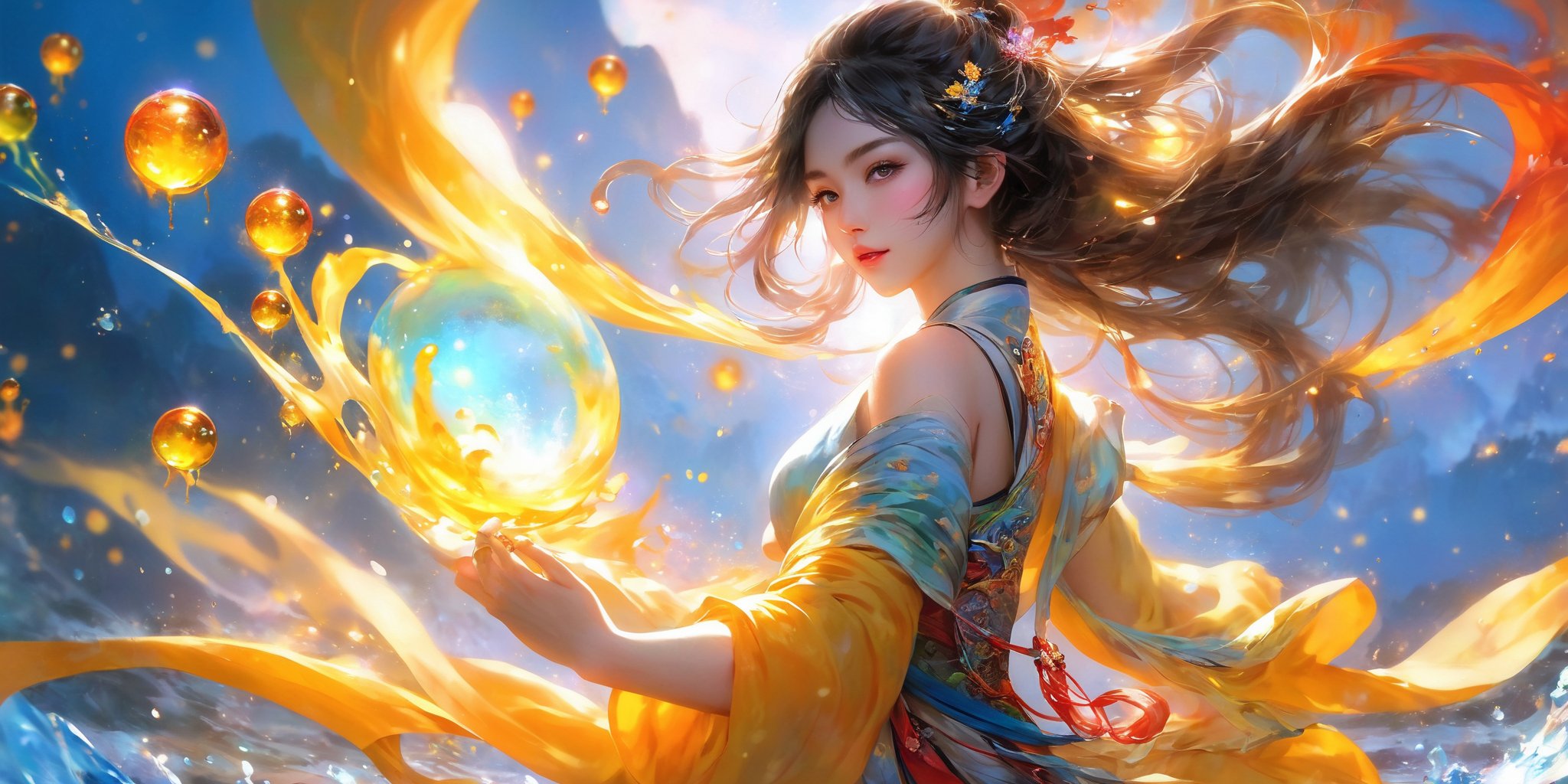 Colorful colors,surrounded by water bubbles,oil paintings painted in anime style,chinese girls,(masterpiece, top quality, best quality, official art, beautiful and aesthetic:1.2), (1girl:1.2), cute, extreme detailed,(abstract:1.4, fractal art:1.3),(silver_hair:1.1), fate \(series\), colorful,highest detailed, fire, ice, lightning, (splash_art:1.2), jewelry:1.4, hanfu, ,  scenery, ink,