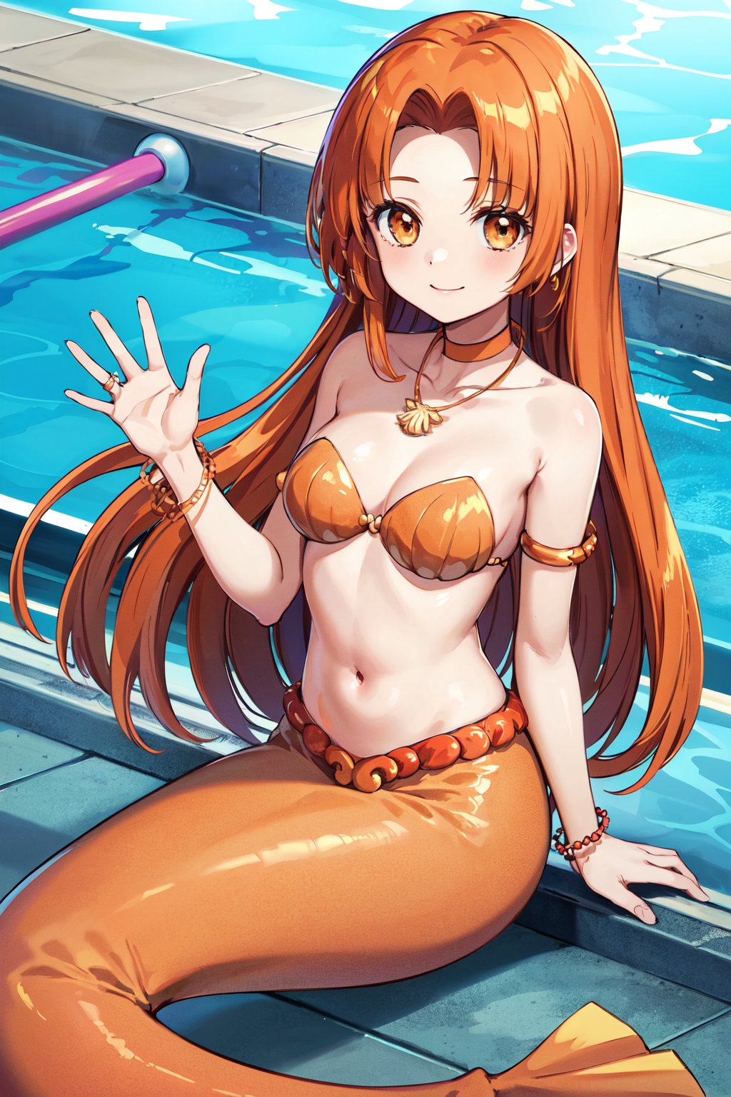 masterpiece, best quality, highres, 1girl, solo, long hair, orange hair, parted bangs, brown eyes, mermaid, choker, necklace, strapless, shell bikini, jewelry, bracelet, armlet, midriff, <lora:seira_v1:0.7>, waving, smile, pool, sitting