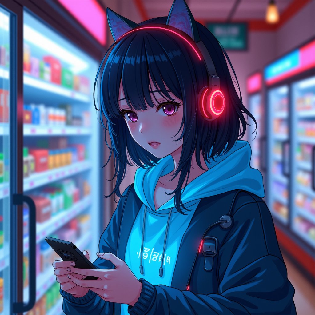 anime girl in a hat and coat using a cell phone,girl wearing headphones,pixiv frontpage,popular on pixiv,convenience store,(art station),top rated on pixiv,lofi girl,red headphones,shopping groceries,at pixiv,very detailed background,wearing a neon blue hoodie,getting groceries,headphones,mysterious coffee shop girl,detailed background,pixiv style,urban girl fanart,digital art on pixiv,wearing cat ear headphones,pixiv trending,lofi girl aesthetic,stood in a supermarket,she is holding a smartphone,checking her phone,neon shops,art - station,art-station,wearing modern headphone,inside a supermarket,wlop : :,photograph of a techwear woman,