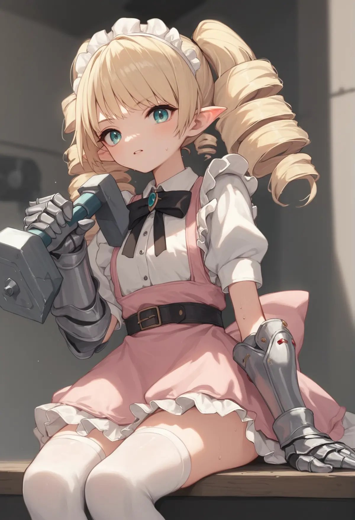 1girl, aqua eyes, blonde, twintails, pointy ears, twintails, drill hair, pink dress, white shirt, white short sleeves, thighhighs, ribbon, silver gauntlets, sitting, holding hammer, workshop, looking at viewer, sweat, maid headress <lora:Ymir Rebellion XL:0.9>, score_9, score_8_up, score_7_up, score_6_up, score_5_up, score_4_up, BREAK source_anime, masterpiece