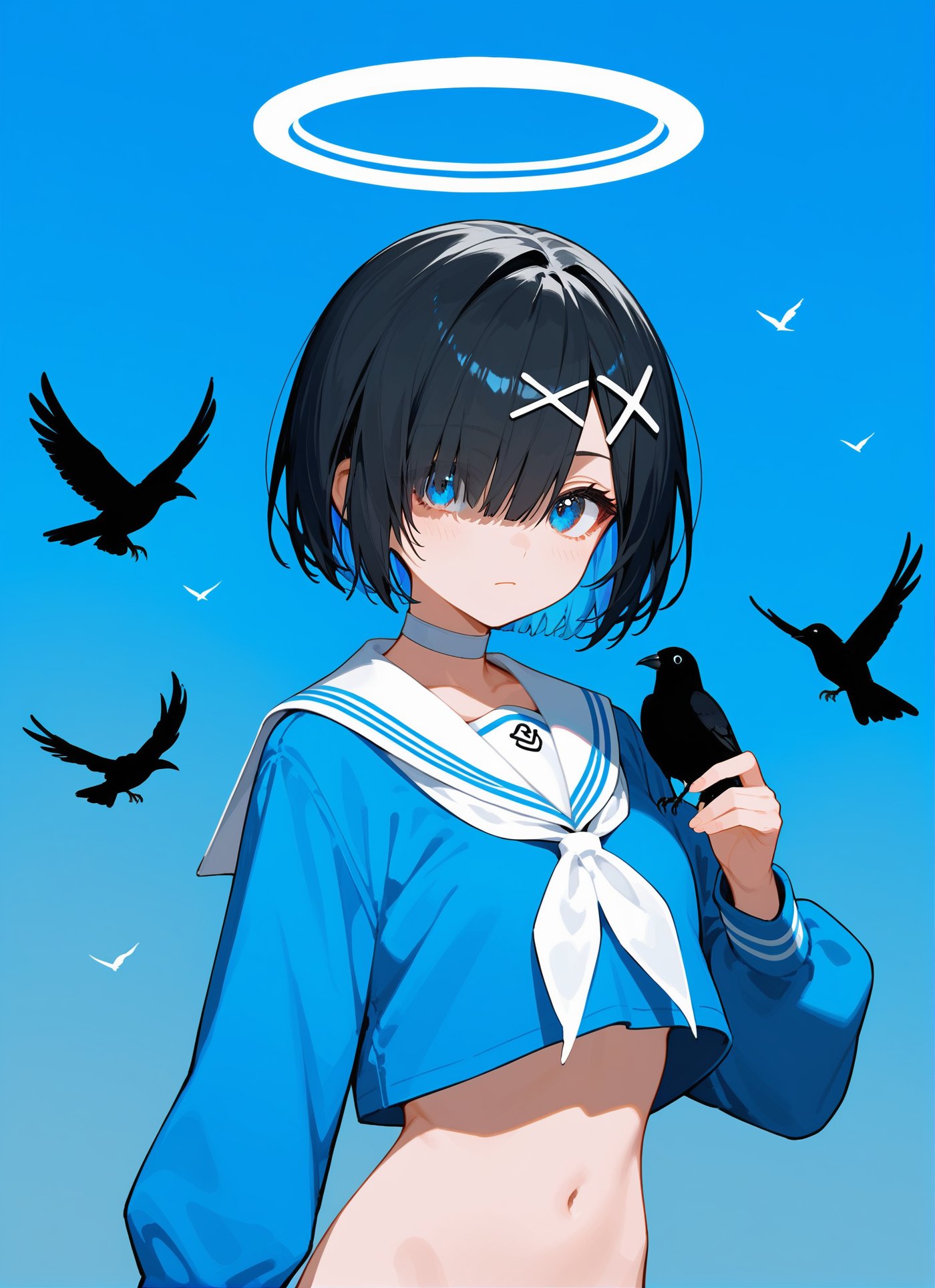 score_9,score_8_up,score_7_up,1girl,bird,halo,bottomless,solo,hair ornament,hair over one eye,sailor collar,navel,blue eyes,white sailor collar,black hair,shirt,gradient,long sleeves,multicolored hair,x hair ornament,school uniform,short hair,looking at viewer,gradient background,serafuku,white neckerchief,convenient censoring,closed mouth,holding,choker,blue background,colored inner hair,cowboy shot,bangs,blue shirt,neckerchief,white choker,crow,