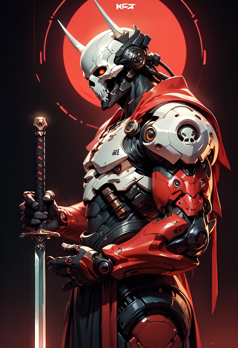 (score_9, score_8_up), score_7_up, zPDXL, solo, 1boy, meditating, monk, no humans, holding large sword, side view, looking at viewer, looking down, helmet, robot, black background, mecha, reflection, science fiction, black skull,  power armor, cyberpunk, humanoid robot, antenna horns, black and red theme<lora:BioPunky:0.8>