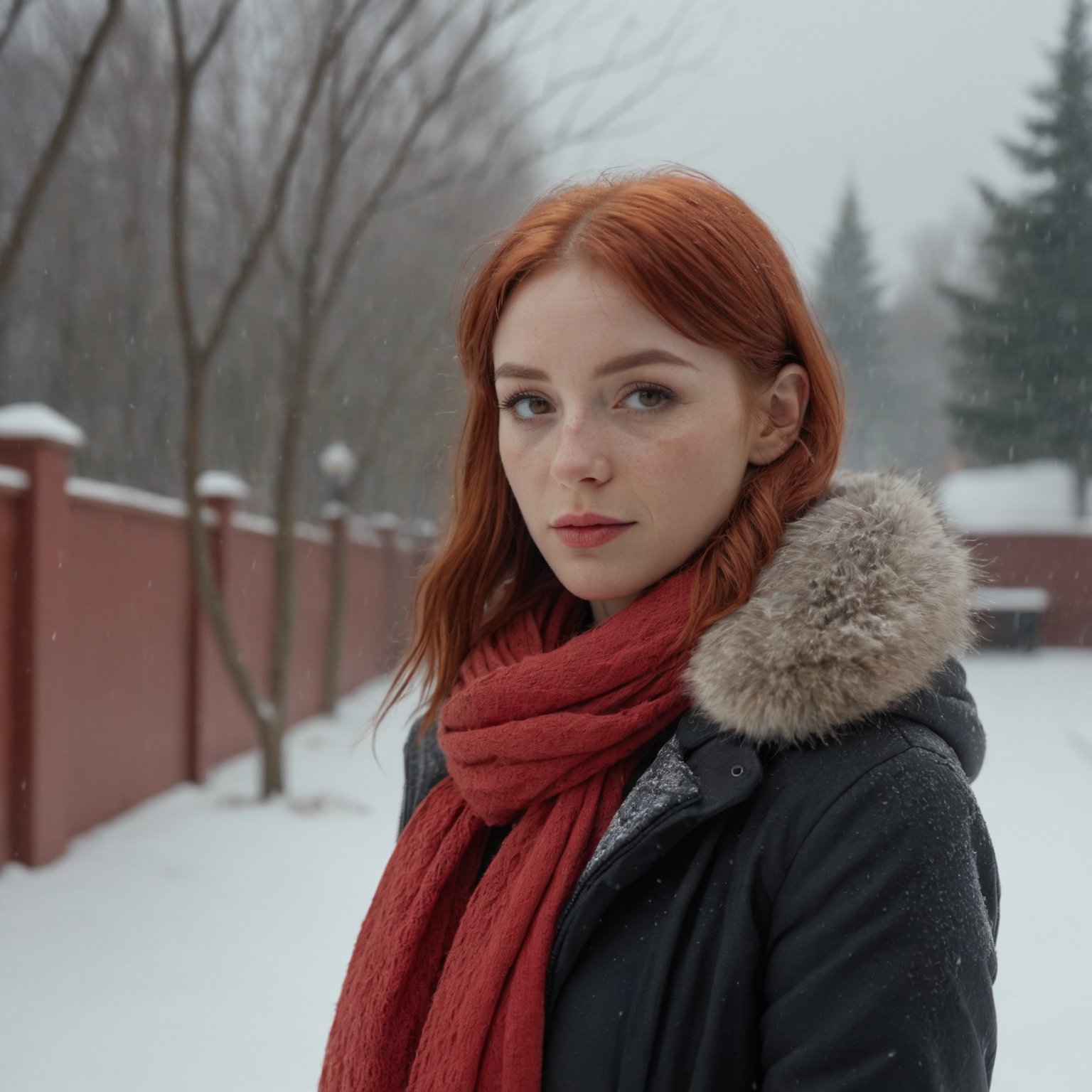 A beautiful red girl, beautiful, moody lighting, best quality, full body portrait, real picture, intricate details, depth of field, in a cold snowstorm, Fujifilm XT3, outdoors, bright day, Beautiful lighting, RAW photo, 8k uhd, film grain, unreal engine 5,