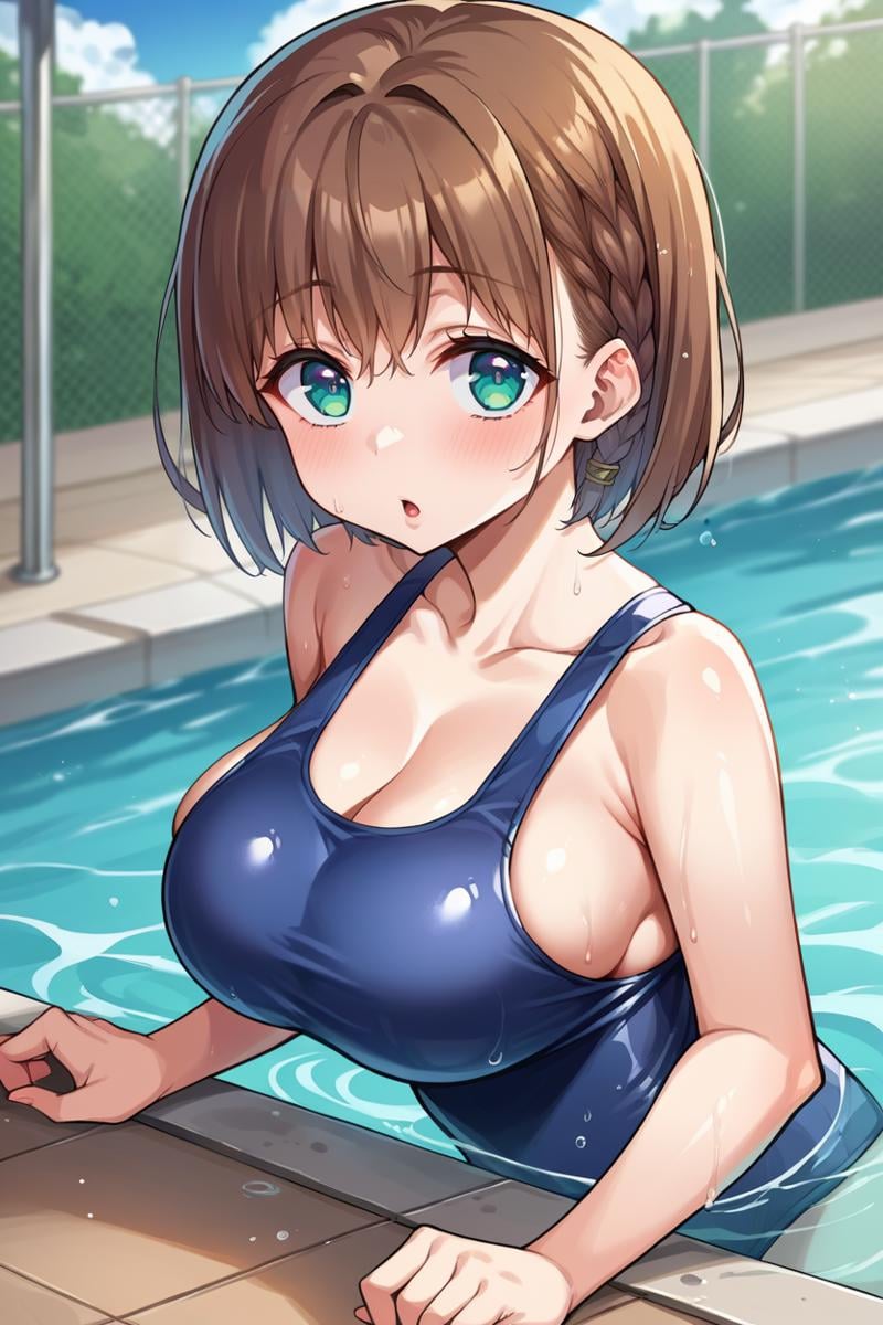 score_9, score_8_up, score_7_up, score_6_up, source_anime, BREAK 1girl, solo,  <lora:aichan-pdxl-nvwls-v1-000005:1> aichan, brown hair, cyan eyes, braid, large breasts, blue one-piece swimsuit, swimming pool, partially submerged, looking at you, chestnut mouth, blush