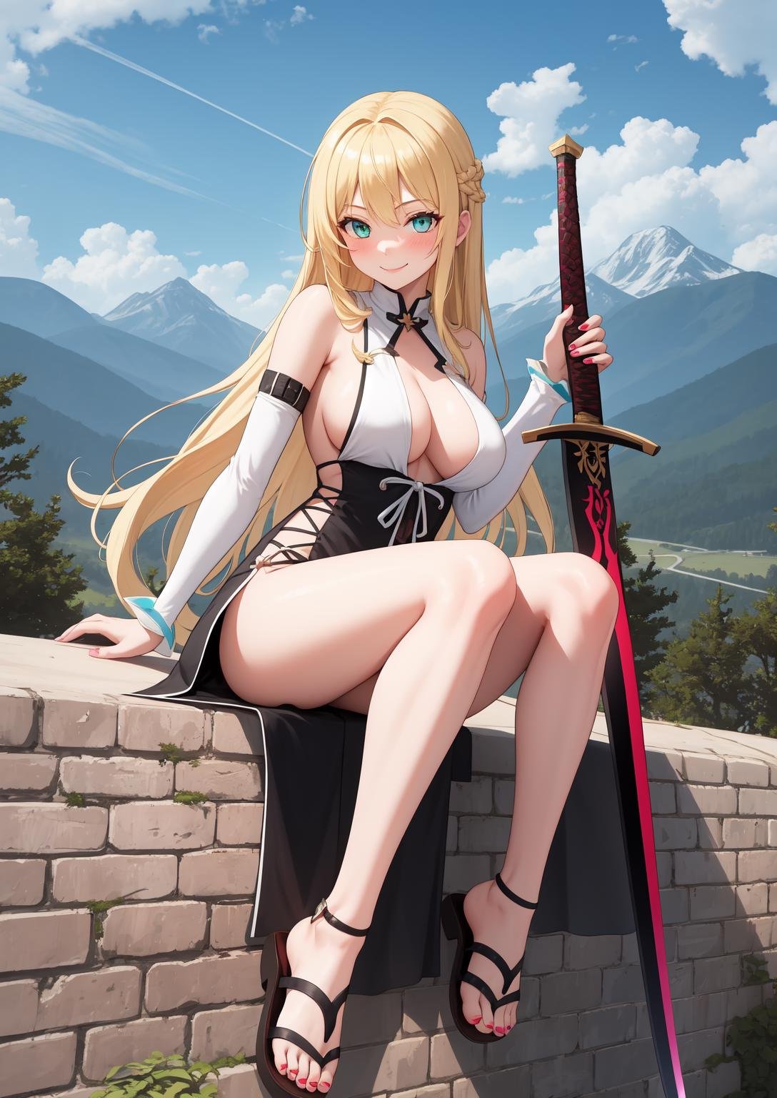 masterpiece, best quality, 1girl, aqua_eyes, blonde_hair, blush, breasts, cosplay, feet, full_body, legs, long_hair, looking_at_viewer, medium_breasts, mountainous_horizon, sandals, scenery, sideboob, sitting_on_wall, smile, solo, sword, sword_maiden_(cosplay), toenails, toes, very_long_hair, weapon, weighing_scale