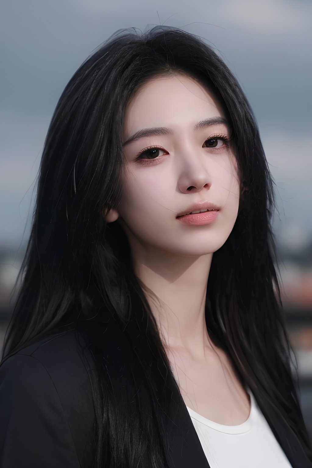 <lora:0830_01:0.7>,Frontal photography,Look front,evening,dark clouds,the setting sun,On the city rooftop,A 20 year old female,Black top,Black Leggings,black hair,long hair,dark theme,muted tones,pastel colors,high contrast,(natural skin texture, A dim light, high clarity) ((sky background))((Facial highlights)),, 1girl,realistic,masterpiece, best quality, photorealistic, HDR,detail