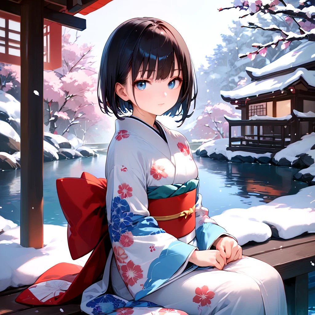 score_9, score_8_up, score_7_up, 1girl, solo, looking at viewer, short hair, bangs, blue eyes, black hair, long sleeves, sitting, closed mouth, outdoors, japanese clothes, wide sleeves, kimono, water, sash, obi, floral print, snow, snowing, white kimono, print kimono