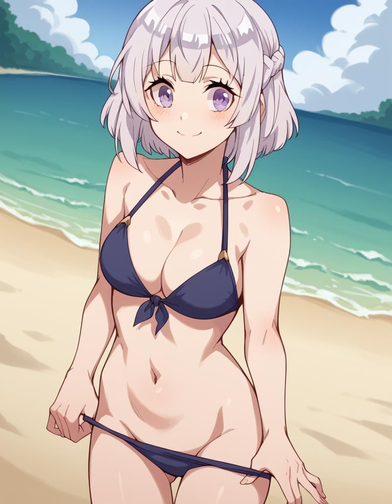 score_9, score_8_up, score_7_up, source_anime, <lora:farming-isekai-hakuren-s1-ponyxl-lora-nochekaiser:1>, hakuren, short hair, purple eyes, braid, grey hair,, <lora:bikini-pull-ponyxl-lora-nochekaiser:1>, bikini pull, clothes pull, pulling own clothes, bikini, bikini top lift, bikini top pull, bikini bottom aside, navel,, outdoors, beach, blush, smile,, , cowboy shot, dutch angle