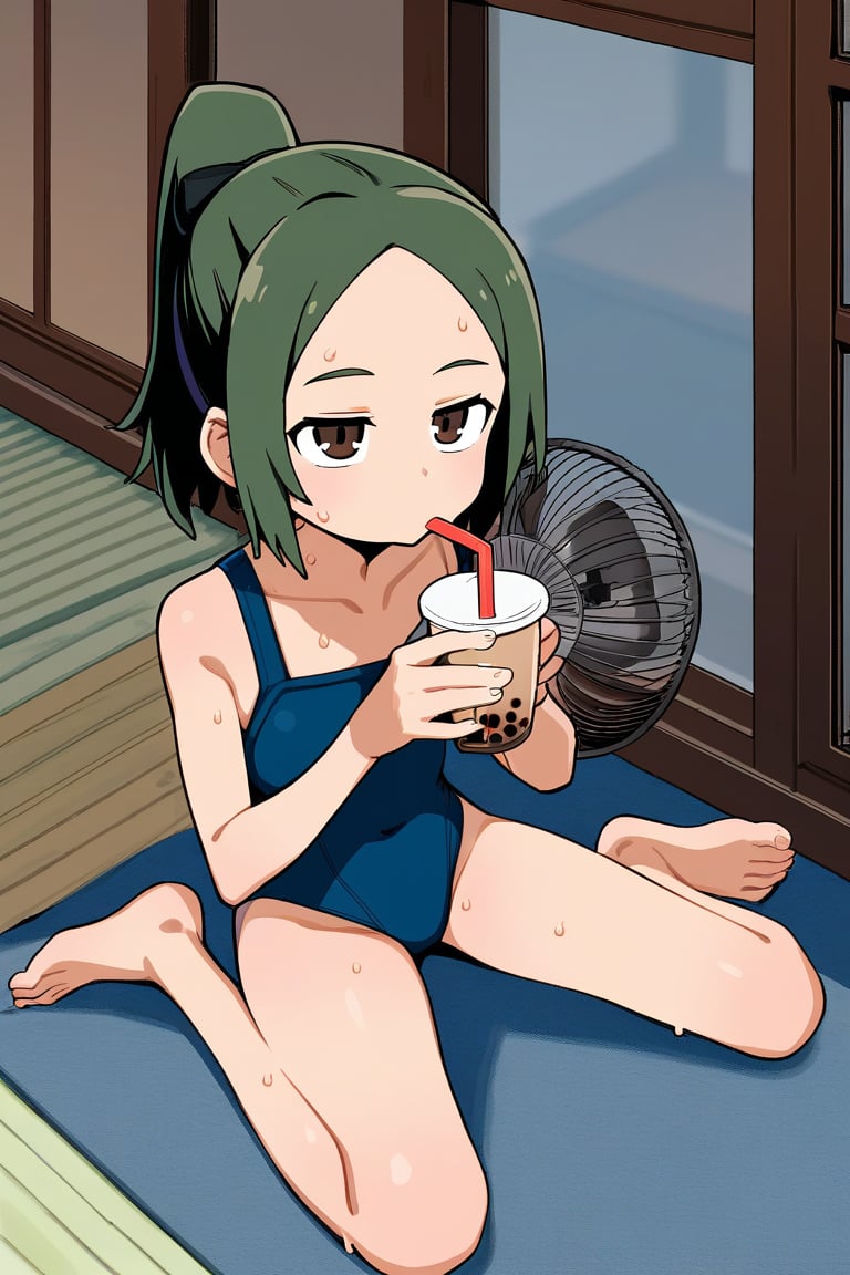 score_9, score_8_up, score_7_up, source_anime, rating_safe BREAK1girl, ponytail, green hair, brown eyes, forehead, (sweating, sweat), drinking, boba tea, holding cup, drinking straw, (blue one-piece swimsuit), sitting, on floor, barefoot, from above, veranda, porch, summer, electric fan