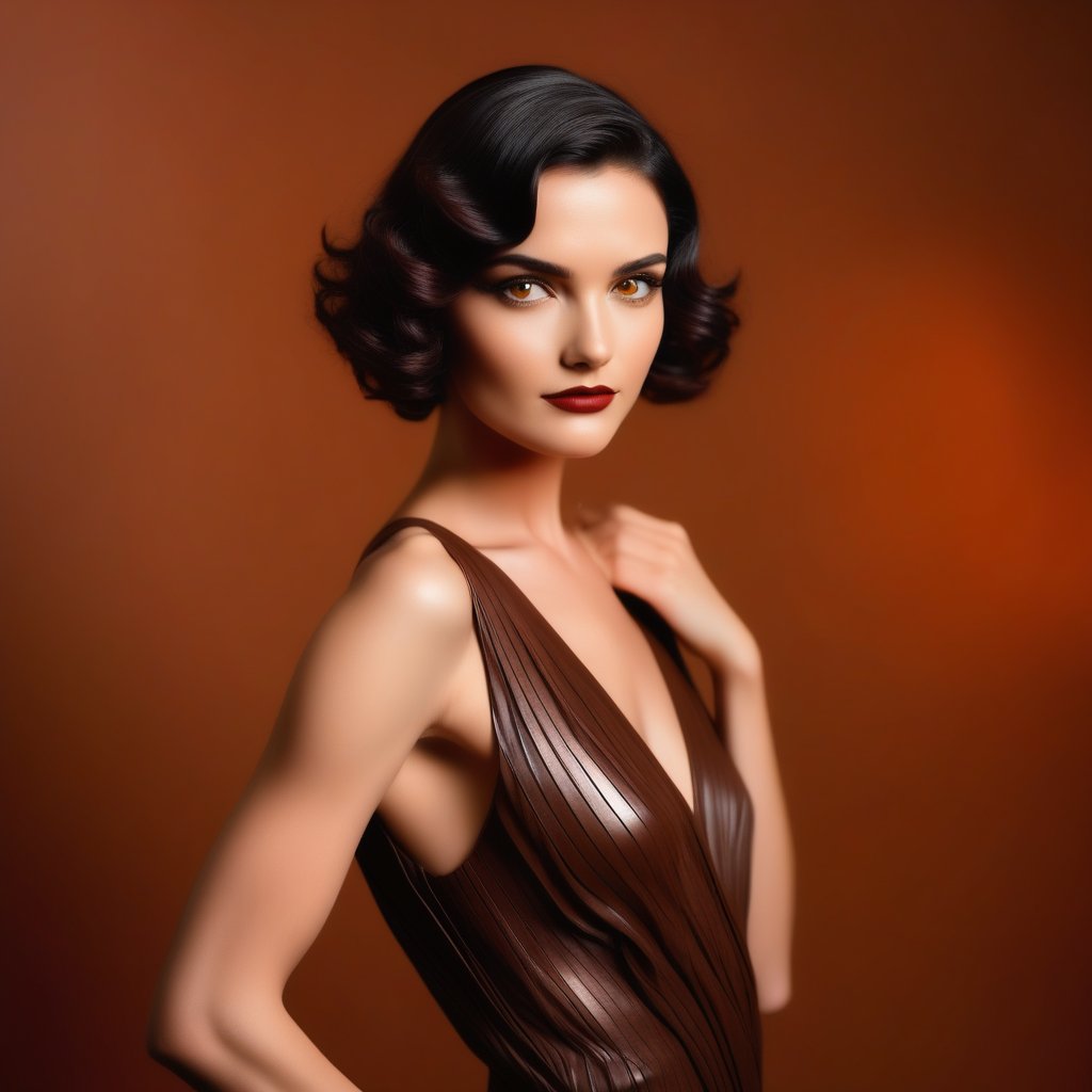 Against the plain, terracotta backdrop of an Art Deco design, a charismatic individual poses waist-up, their dark brown hair styled with subtle texture and eyes locking onto the camera lens with unbridled confidence. The soft, warm glow illuminates them highlighting delicate features and accentuating their figure.