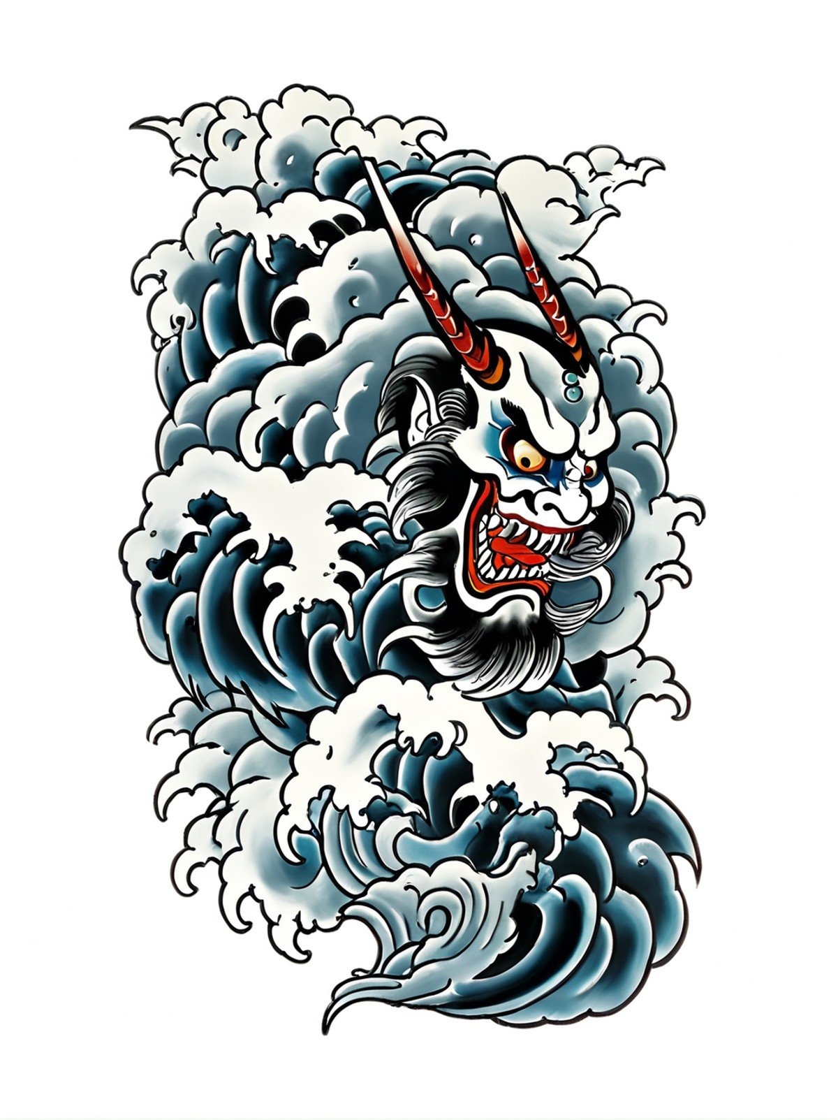 best quality, masterpiece,TBD,tattoo, a monster face, white background,cloud,wave,  <lora:TBD-000008:0.8>