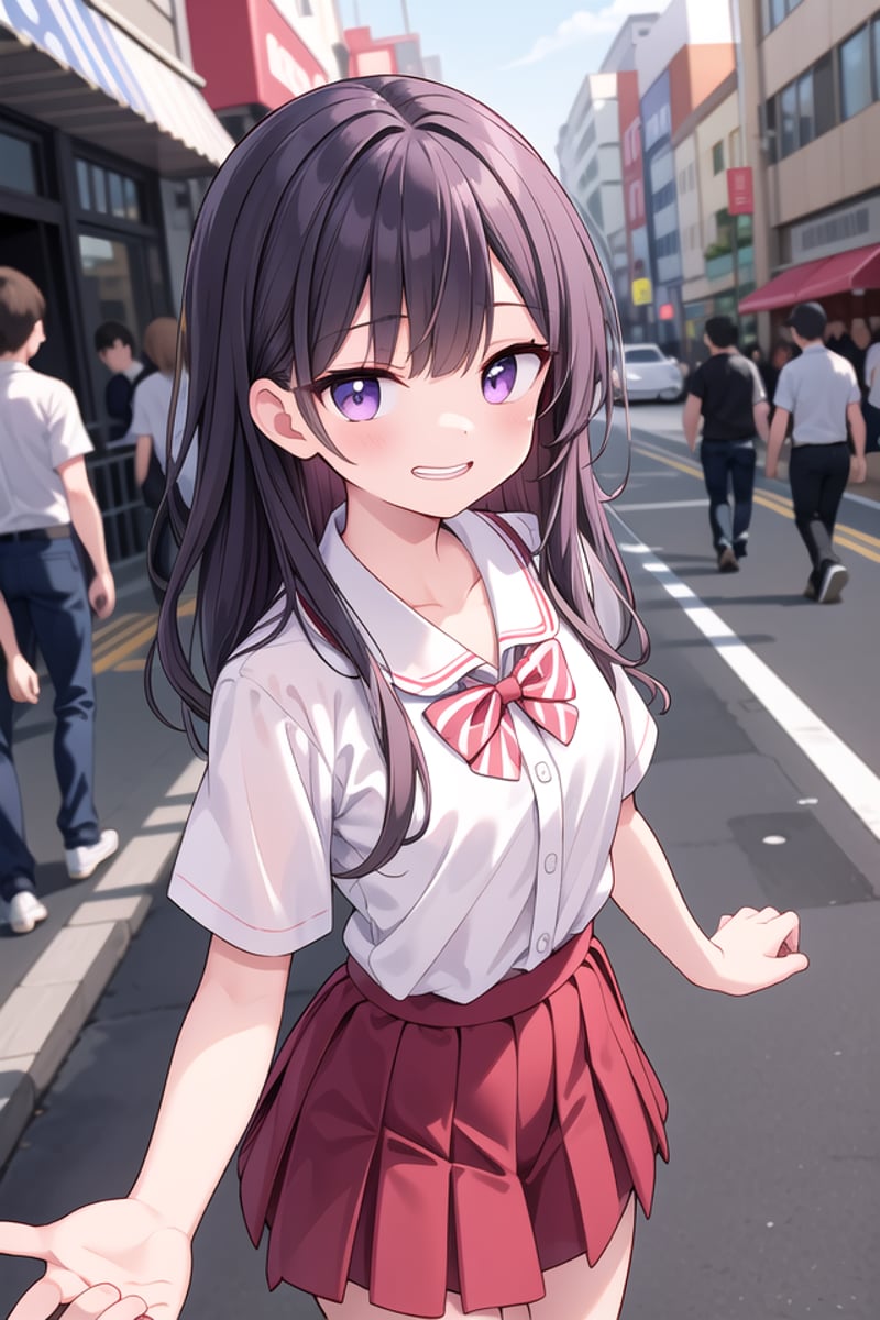 <lora:talkmouth_I_type1_v200:1>insanely detailed, absurdres, ultra-highres, ultra-detailed, best quality,1girl, solo, nice hands, perfect handsBREAKsummer school uniform, (plain dark red skirt with many pleats:1.4), (striped red bowtie:1.3), short sleeves, white shirt, shirt with white button, shirt_tucked_in    BREAK    (breast pocket, vest, blazor, long sleeves, checked skirt, striped skirt, striped shirt, striped sleeves, bra visible through clothes, skirt with frill:-1)BREAK(nsfw:-1.5)BREAKsmile, open mouthBREAKfrom above,standing, cowboy shot, looking at viewerBREAKslender, kawaii, perfect symmetrical face, ultra cute girl, ultra cute face, ultra detailed eyes, ultra detailed hair, ultra cute, ultra beautifulBREAKin street, cityscape in harajuku, depth of field, ultra detailed backgroundBREAKmedium breastsBREAKpurple hair, purple eyes, messy hair, 