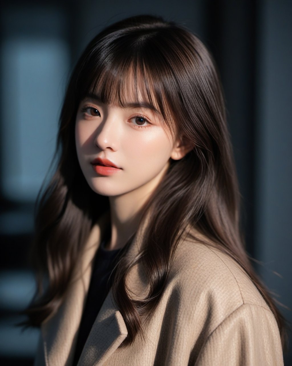 Textured skin, dim light, low key，1girl, solo,long hair, bow, looking at viewer,smug,, overcoat,,, black hair, cinematic_lighting,, brown hair, upper body,  bangs, mole,18 yesr old,,, <lora:WDR_景深-通透调节器:1>(EOS R8,50mm,F1.2,8K,RAW photo,reality_ray_tracing,sidelight,