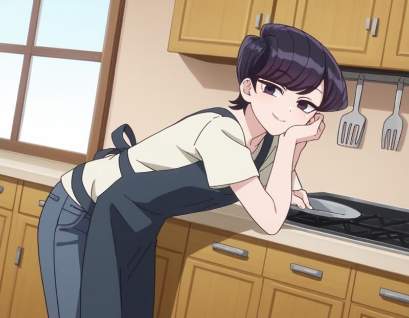 score_9, score_8_up, score_7_up, source_anime,shuukokomi, <lora:shuuko-komi-s1s2-ponyxl-lora-nochekaiser:1>,shuuko komi, short hair, black hair, black eyes, half-closed eyes,shirt, white shirt, short sleeves, pants, apron, denim, jeans, blue apron,indoors, kitchen, bent over, smile,looking at viewer, cowboy shot, dutch angle, solo,