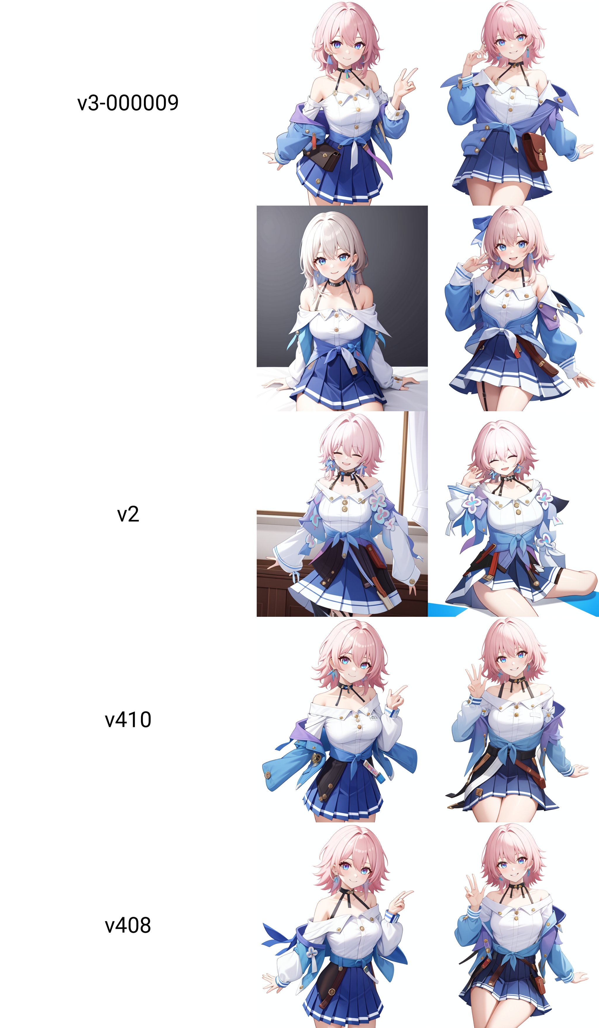 <lora:三月七v3-000009:1:lbw=char>,march7th,1girl,solo,white shirt,long sleeves,blue jacket,blue skirt,black choker,earrings,pleated skirt,bare shoulders,smile,<lora:三月七v2:0:lbw=char>,, (masterpiece,best quality:1.2),absurdres, high quality,