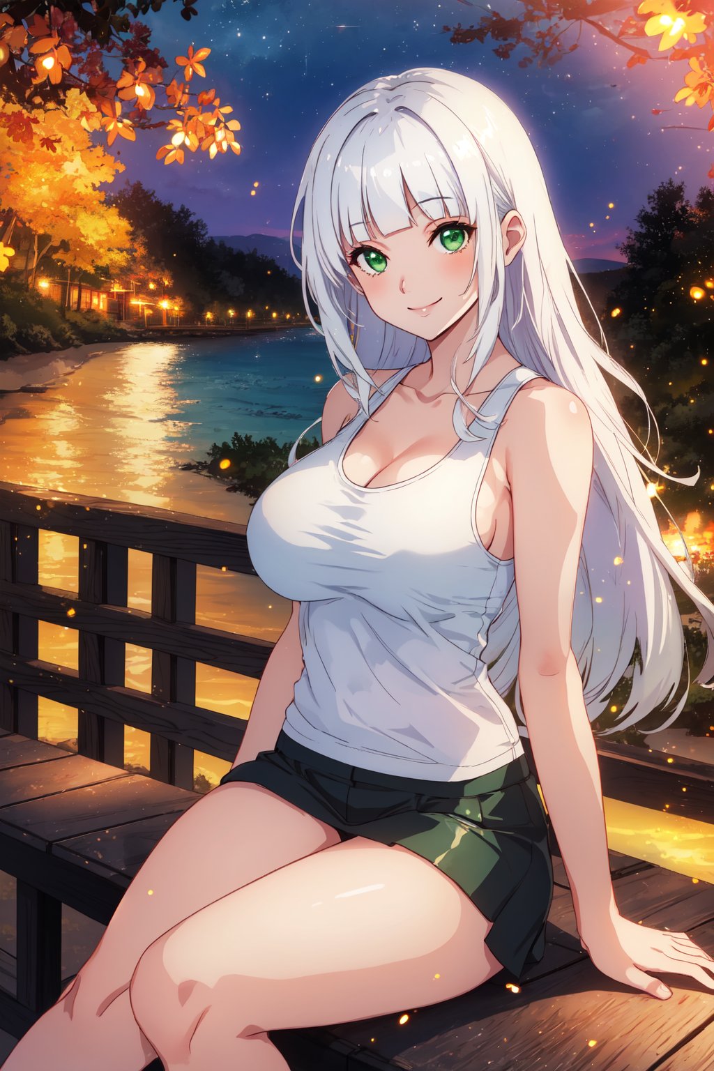 long hair, white hair, green eyes, sitting on boardwalk, sunset, light particles, fireflies, volumetric lighting, tank top, large breasts, smile, sparkling eyes, blunt bangs