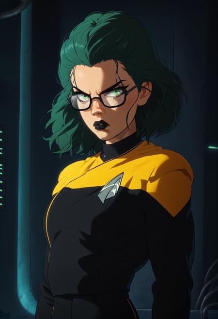 score_7_up,solo,modern haircut,1girl,black lipstick,serious,black glasses,hair higlight,green eyes,pcdst,Star trek uniform,yellow,yellow shoulders,black jumpsuit,<lora:PicardPony-000050> <lora:Kenva_Enhanced:0.8><lora:Kenva:0.8>