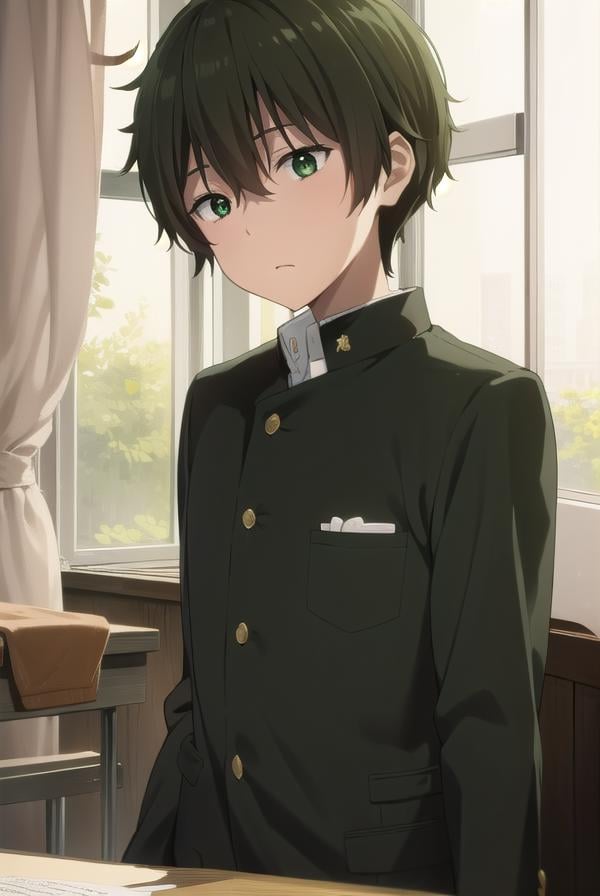 houtarouoreki, <lora:houtarou oreki s1-lora-nochekaiser:1>,houtarou oreki, short hair, bangs, black hair, hair between eyes, (green eyes:1.5), male focus,BREAK school uniform, gakuran,BREAK indoors, classroom,BREAK looking at viewer, (cowboy shot:1.5),BREAK <lyco:GoodHands-beta2:1>, (masterpiece:1.2), best quality, high resolution, unity 8k wallpaper, (illustration:0.8), (beautiful detailed eyes:1.6), extremely detailed face, perfect lighting, extremely detailed CG, (perfect hands, perfect anatomy),