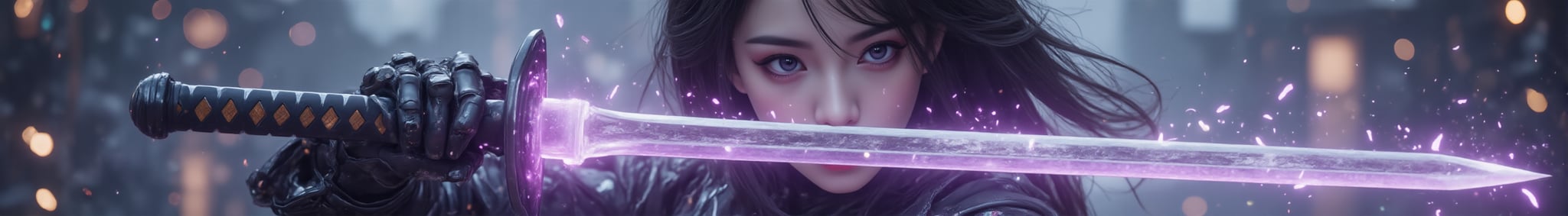 (A cinematic shot of a beautiful asian female cyborg, detailed face features, black hair, robotic arms, robotic legs, holding a purple glowing katana by the handle in attacking pose, purple fire around the katana blade, best quality, amazing details, temple in background:1.2), hkwarrior, mythp0rt <lora:极品超模V8_2.0:0.8>