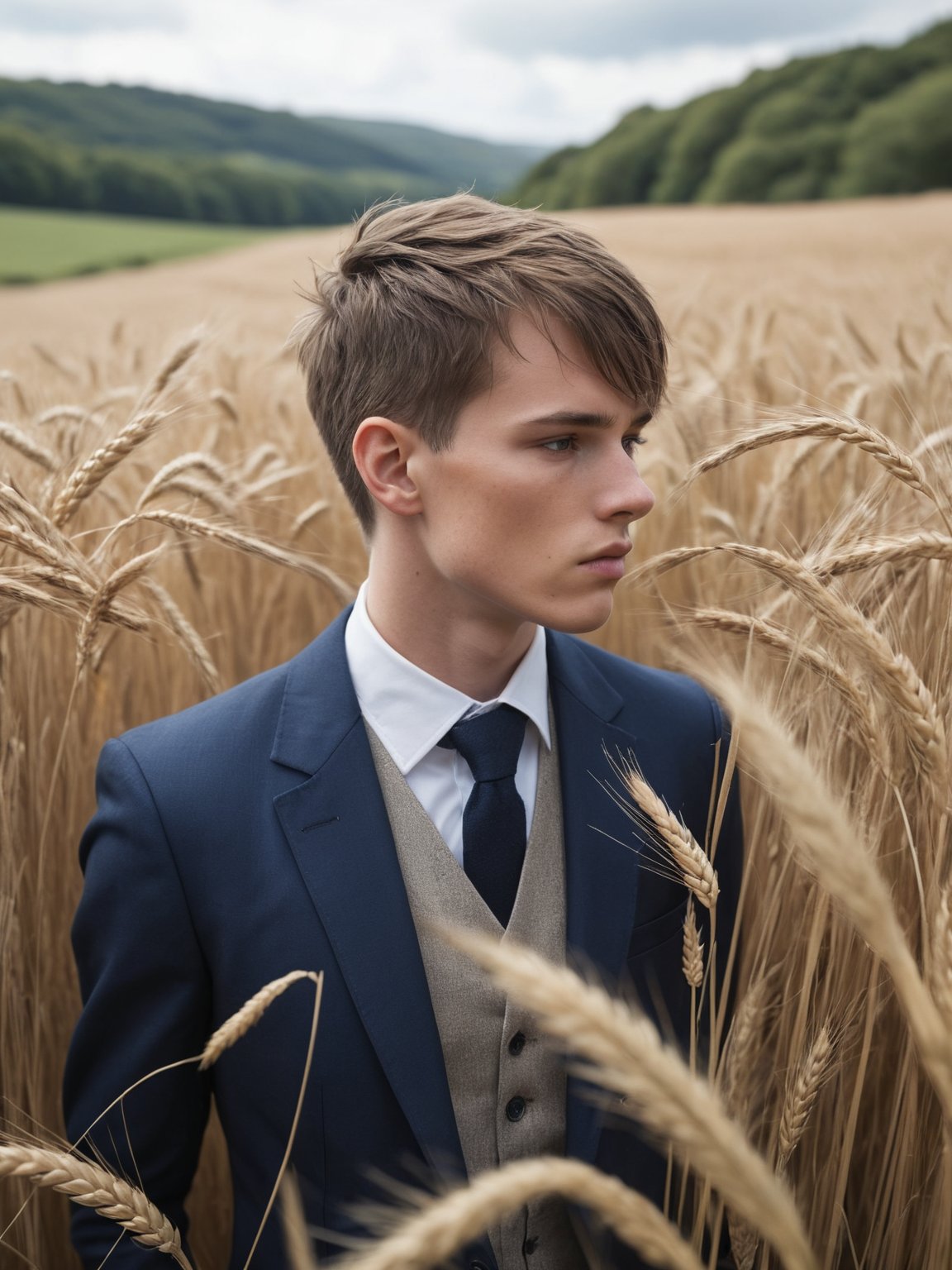 (1boy), a man stands with his head down in some tall grass, (tall flowing grass and wheat), in the style of fashion photography, Scottish landscapes, light bronze and dark blue, deconstructed tailoring, genderless, close-up shots, brooding mood, depth of field, natural lighting, anatomically accurate, skin pores, extremely detailed, hdr, intricate details, cinematic shot, vignette, (surreal:0.4), hyper detailed photorealistic life-like accurate proportional (accurate cinematic lighting), photorealistic detail, (selective focus:0.6)