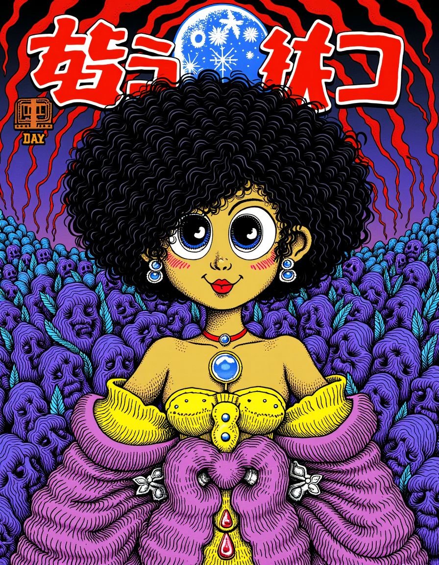 Game art, masterpiece, Hateful Wan-Chen, Black hair styled as Twist out, Wide view, 64K, r.crumb style <lora:R.Crumb_Flux_Comix:1>, artistic, highly intricate, enchanted, intense, rich vivid colors, ambient light, magical atmosphere, illustrious quality