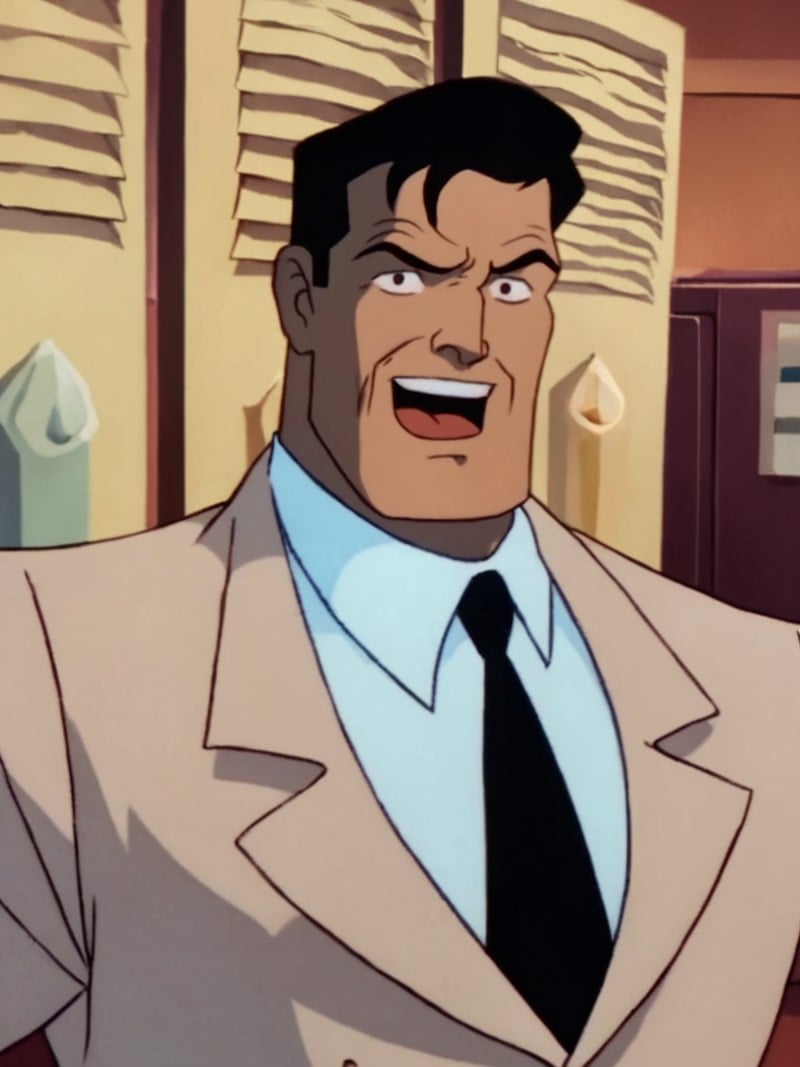 score_9, score_8_up, score_7_up, volumetric lighting, bruce wayne, solo, smile, open mouth, black hair, long sleeves, 1boy, jacket, white shirt, upper body, male focus, collared shirt, indoors, parody, formal, suit, black necktie, scene reference, <lora:batman_pony_v1:0.9>