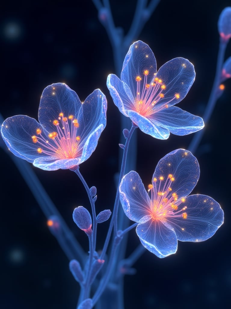 oblizi,This image is a hyper-realistic CGI illustration featuring three delicate, translucent cherry blossoms in full bloom. The flowers are positioned centrally, with two on the left and one on the right. Each blossom exhibits a soft, ethereal quality, with petals that appear almost transparent, allowing the viewer to see through them. The petals are a delicate blend of soft blues and purples, interspersed with tiny, glowing specks that resemble stars, giving the flowers a magical, luminous effect. The stamens of the flowers are a vibrant, glowing orange, contrasting sharply with the blue petals, and are intricately detailed with small, glowing yellow pollen grains. The flowers are attached to thin, almost transparent stems that add to the ethereal feel of the image. The background is a deep, dark blue, which enhances the vibrant colors of the flowers and makes them stand out prominently. The overall composition is symmetrical, with the three flowers arranged in a triangular formation, and the image is framed tightly to focus on the flowers, ensuring that every detail is clear and visible. The texture of the petals is smooth and slightly glossy, adding to the realism of the digital artwork.