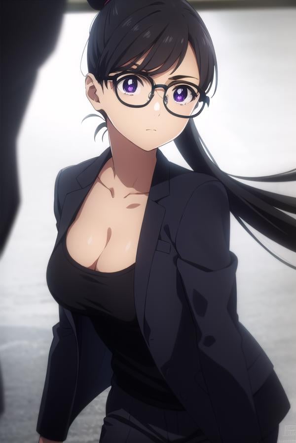 hizuruminakata, <lora:hizuru minakata s1-lora-nochekaiser:1>,hizuru minakata, long hair, black hair, glasses, (purple eyes:1.1), black-framed eyewear,BREAK ponytail, shirt, gloves, cleavage, collarbone, jacket, black gloves, pants, black jacket, black shirt, black pants, formal, suit,BREAK outdoors,BREAK looking at viewer,BREAK <lyco:GoodHands-beta2:1>, (masterpiece:1.2), best quality, high resolution, unity 8k wallpaper, (illustration:0.8), (beautiful detailed eyes:1.6), extremely detailed face, perfect lighting, extremely detailed CG, (perfect hands, perfect anatomy),