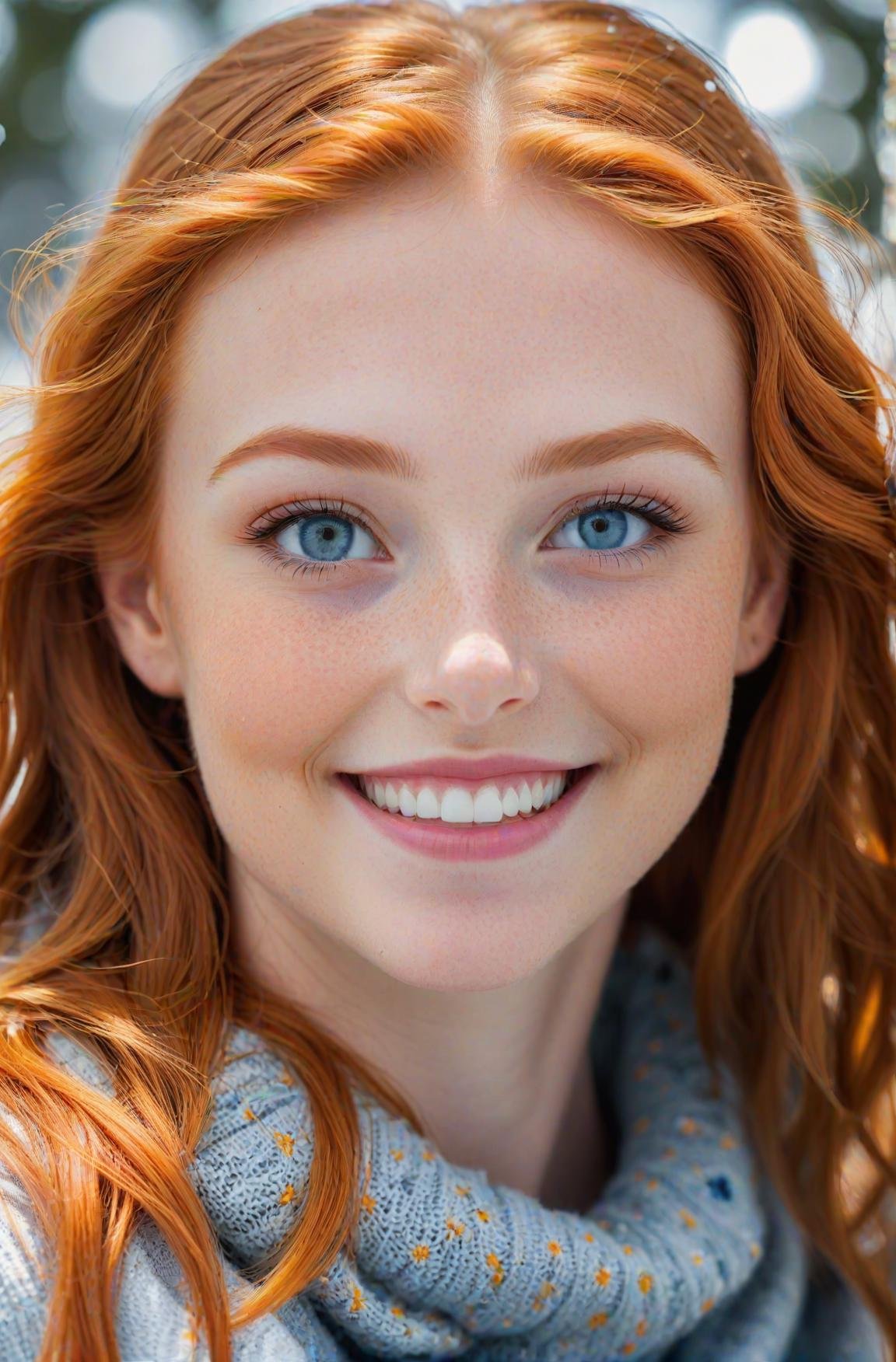 a beautiful high definition crisp portrait of a ginger girl with blue icy eyes smiling, the background is soft with large bokeh, taken with a professional grade camera with exquisite color grading