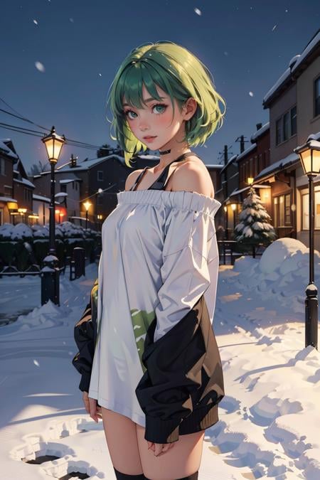 masterpiece, best quality,1girl,  <lora:OversizedClothes_FefaAIart:1>,green hair, night, at night, snow, snow city, warm,oversized shirt,shirt, off shoulders,