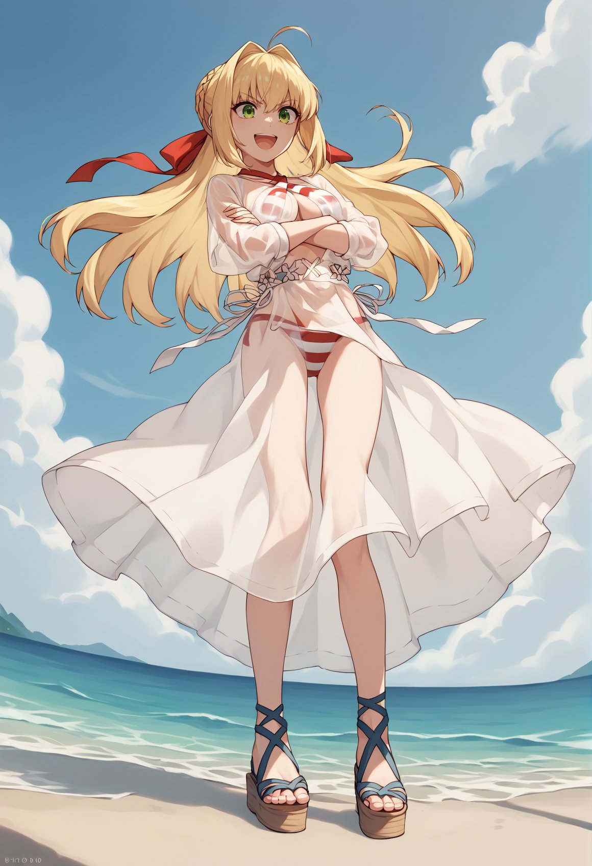 1girl, blonde hair, french braid, single hair bun, long hair, green eyes, ahoge, Striped Bikini, criss-cross halter, see-through shirt, sandals, outdoors, sea, platform, arms crossed, smile, open mouth, from below  <lora:Mochiron_yo_da_yo:1>, score_9, score_8_up, score_7_up, score_6_up, score_5_up, score_4_up, BREAK source_anime, masterpiece