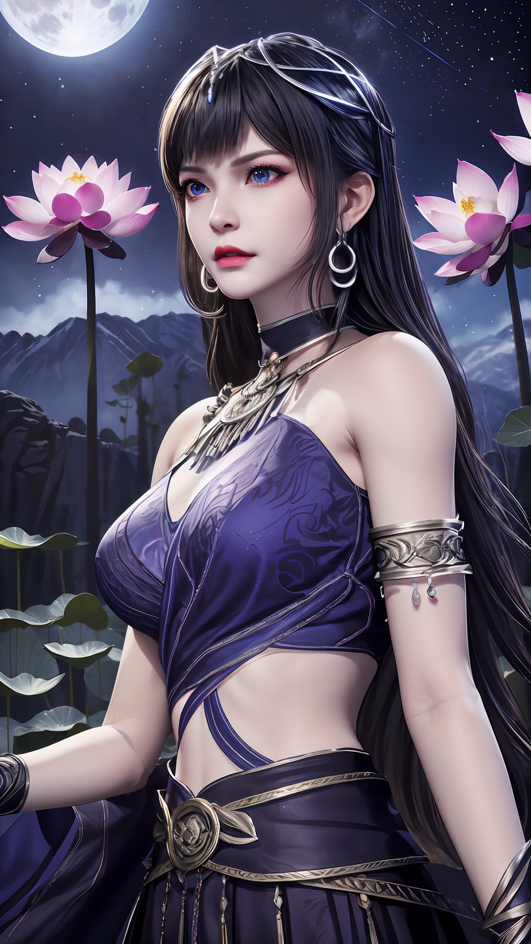 masterpiece,best quality,official art,extremely detailed CG unity 8k wallpaper,realistic,light rays,light particles,1girl,earrings,solo,jewelry,black_hair,long_hair,upper_body,blue_eyes,blue_ribbon,armlet,breasts,blue theme,scenery,reflection,outdoors,lotus leaf,(lotus:1.3),lake water,blue sky,white cloud,long_hair,earrings,hair_ornament,dynamic pose,looking at viewer,cowboy shot,