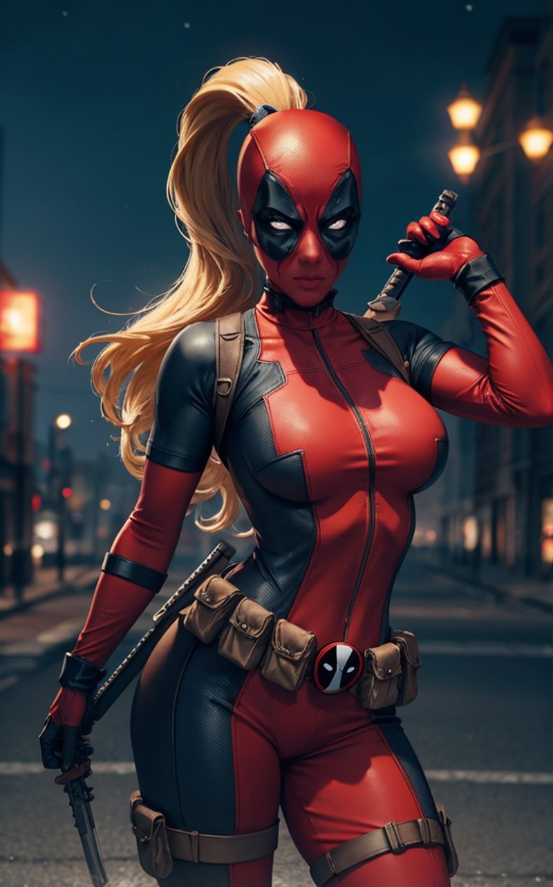 masterpiece, best quality, highres, contrapposto,BodySuit_lady_deadpool_ownwaifu,1girl, mask, blonde hair, ponytail, long hair, large breasts, no pupils, bodysuit, skin tight, superhero, belt pouch, utility belt, red bodysuit, gloves, weapon on back, thigh pouch, thigh strap, thigh holster, belt buckle, turtleneck, <lora:MARVEL_lady_deadpool_ownwaifu:0.7> ,light particles, depth_of_field, scenery, night, aerial fireworks, solo, cowboy shot, looking at viewer,